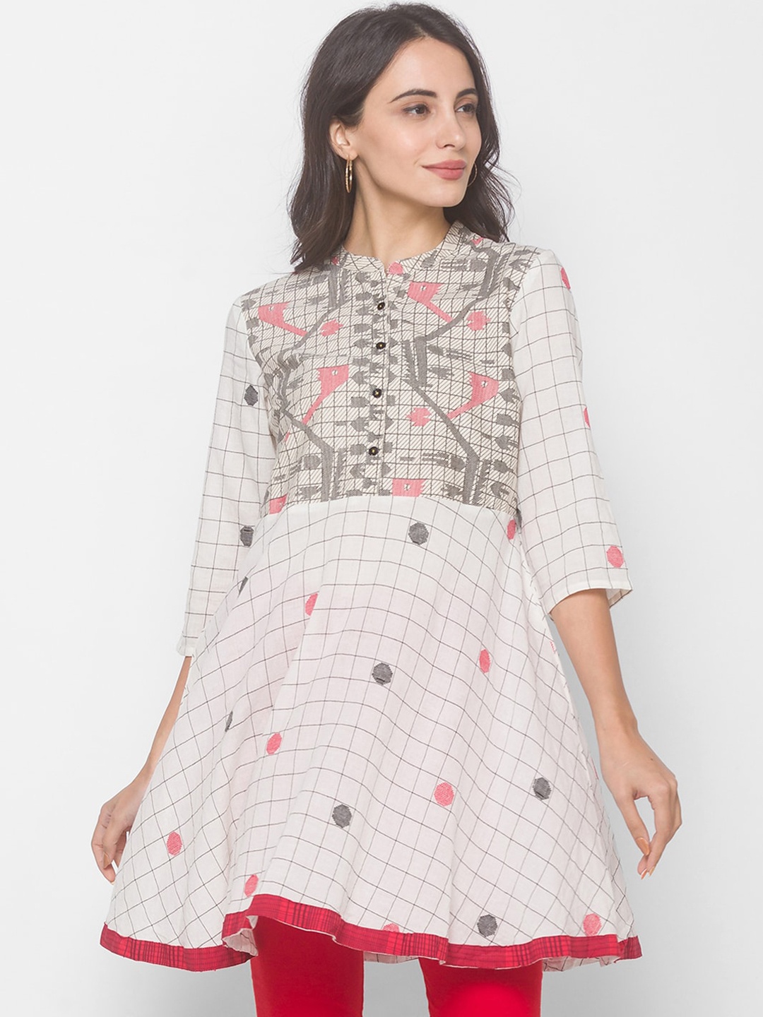 

Globus Women Cream-Coloured & Grey Pure Cotton Anarkali Kurta