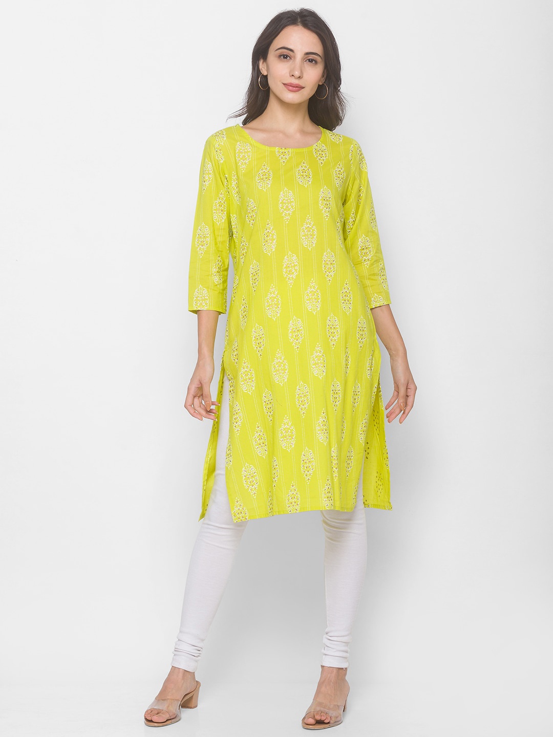 

Globus Women Lime Green & White Ethnic Motifs Printed Kurta