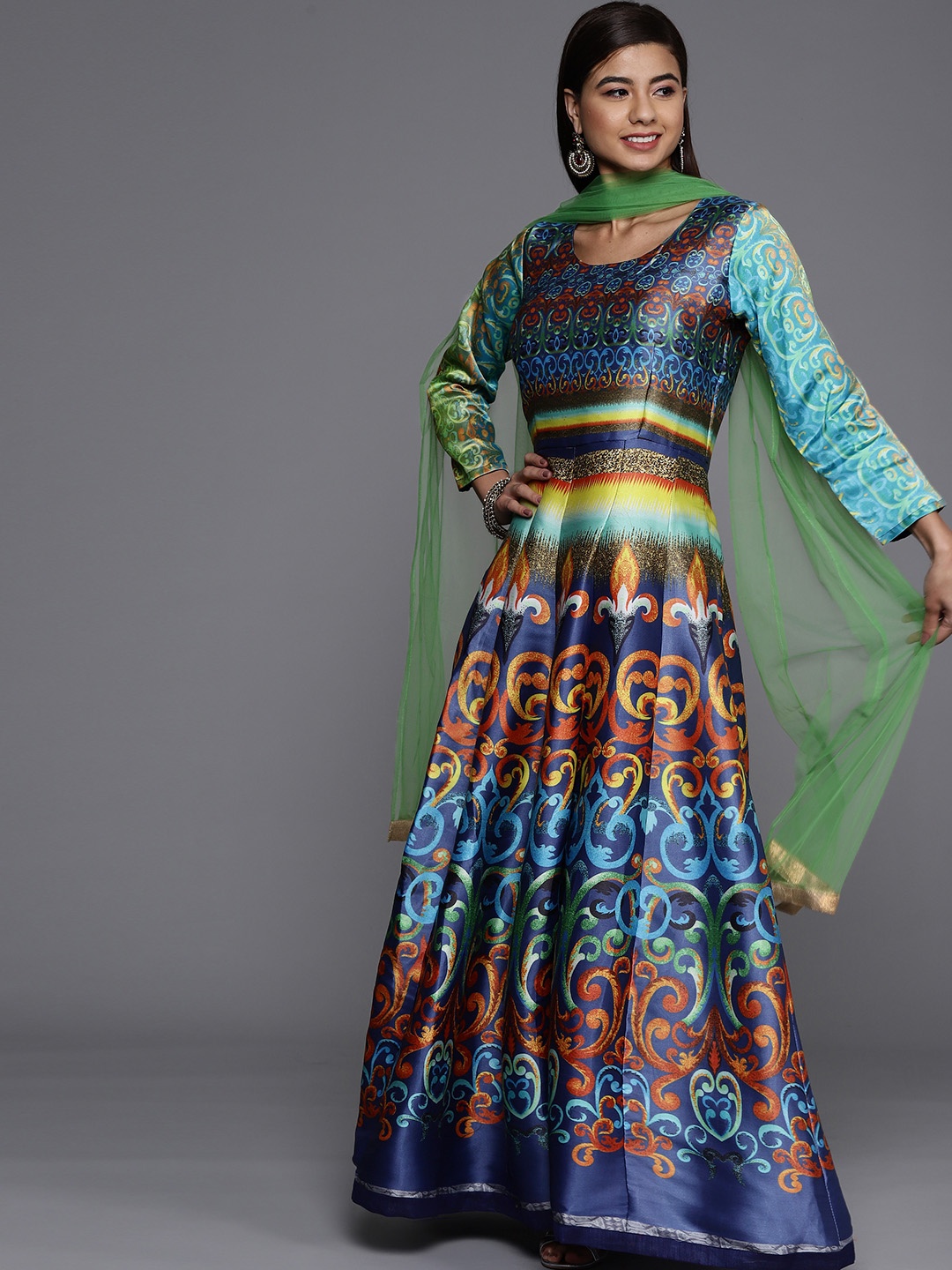 

Chhabra 555 Navy Blue & Green Ethnic Motifs Printed Satin Maxi Dress