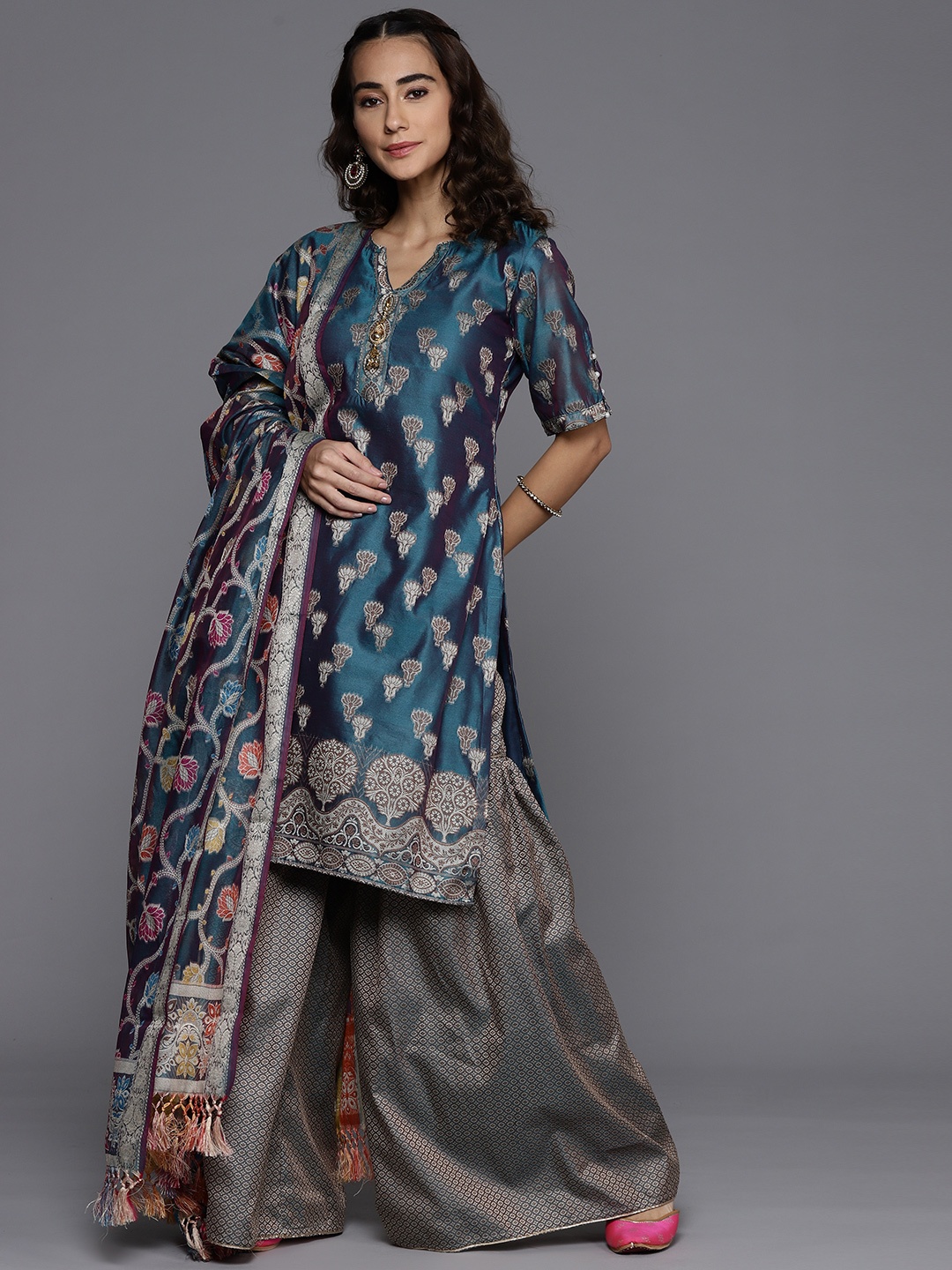 

Chhabra 555 Women Teal Blue & Golden Woven Design Made to Measure Banarasi Kurta Set