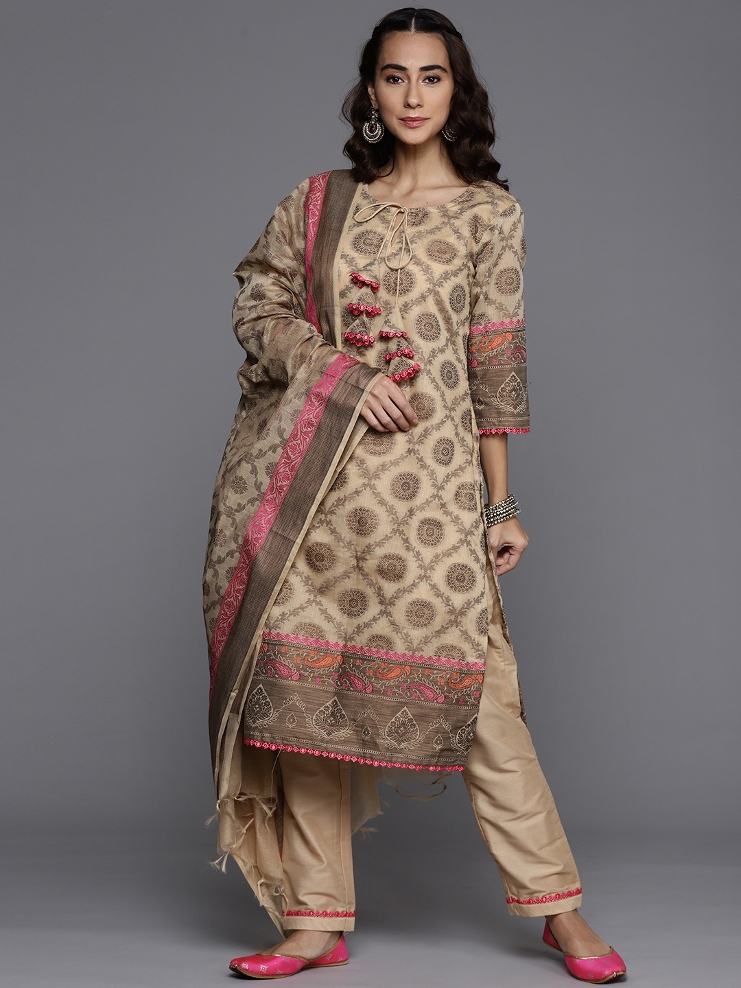 

Chhabra 555 Women Beige & Brown Woven Design Made to Measure Kurta Set