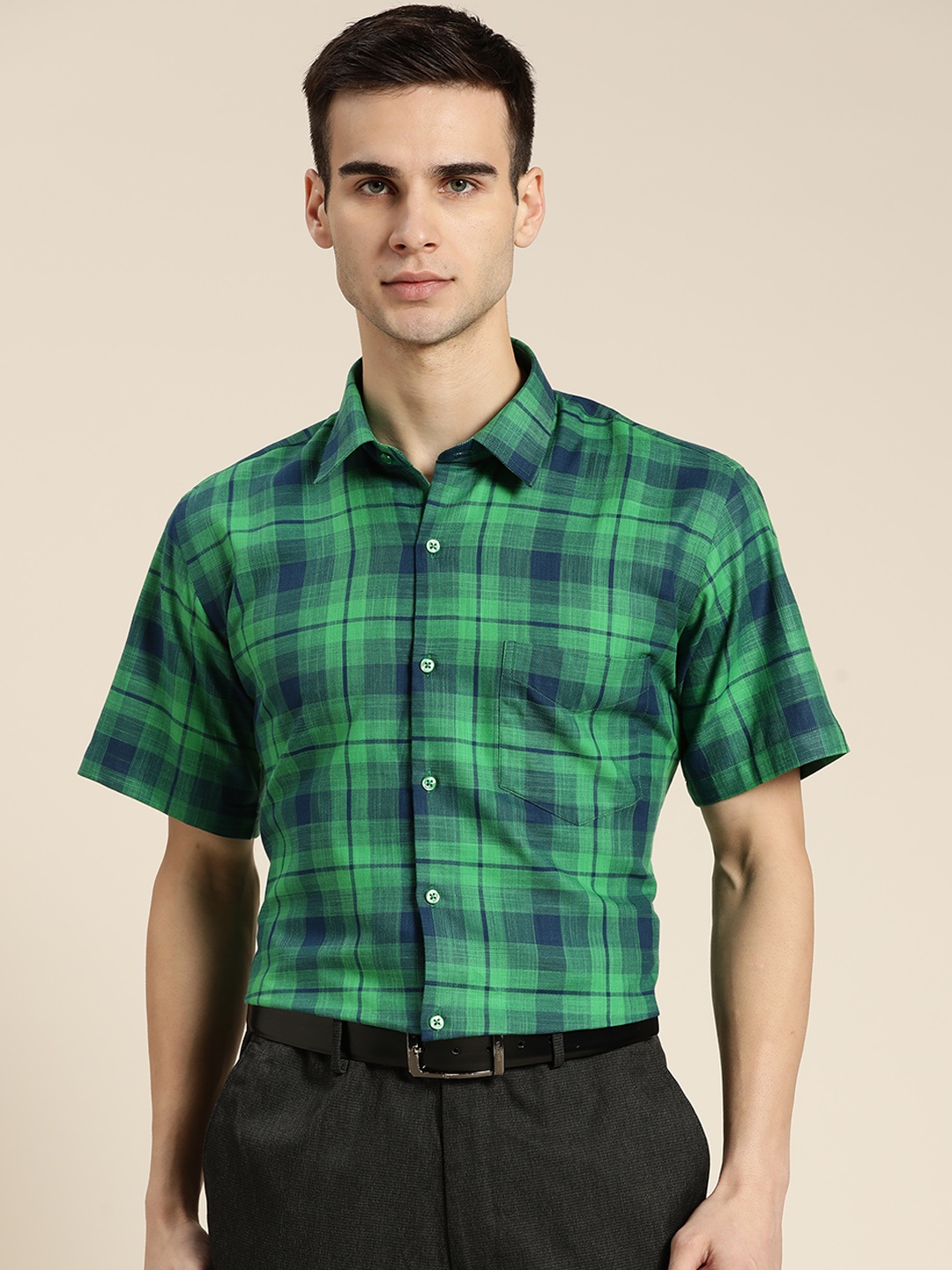 

Hancock Men Navy Blue & Green Pure Cotton Slim Windowpane Checked Formal Shirt