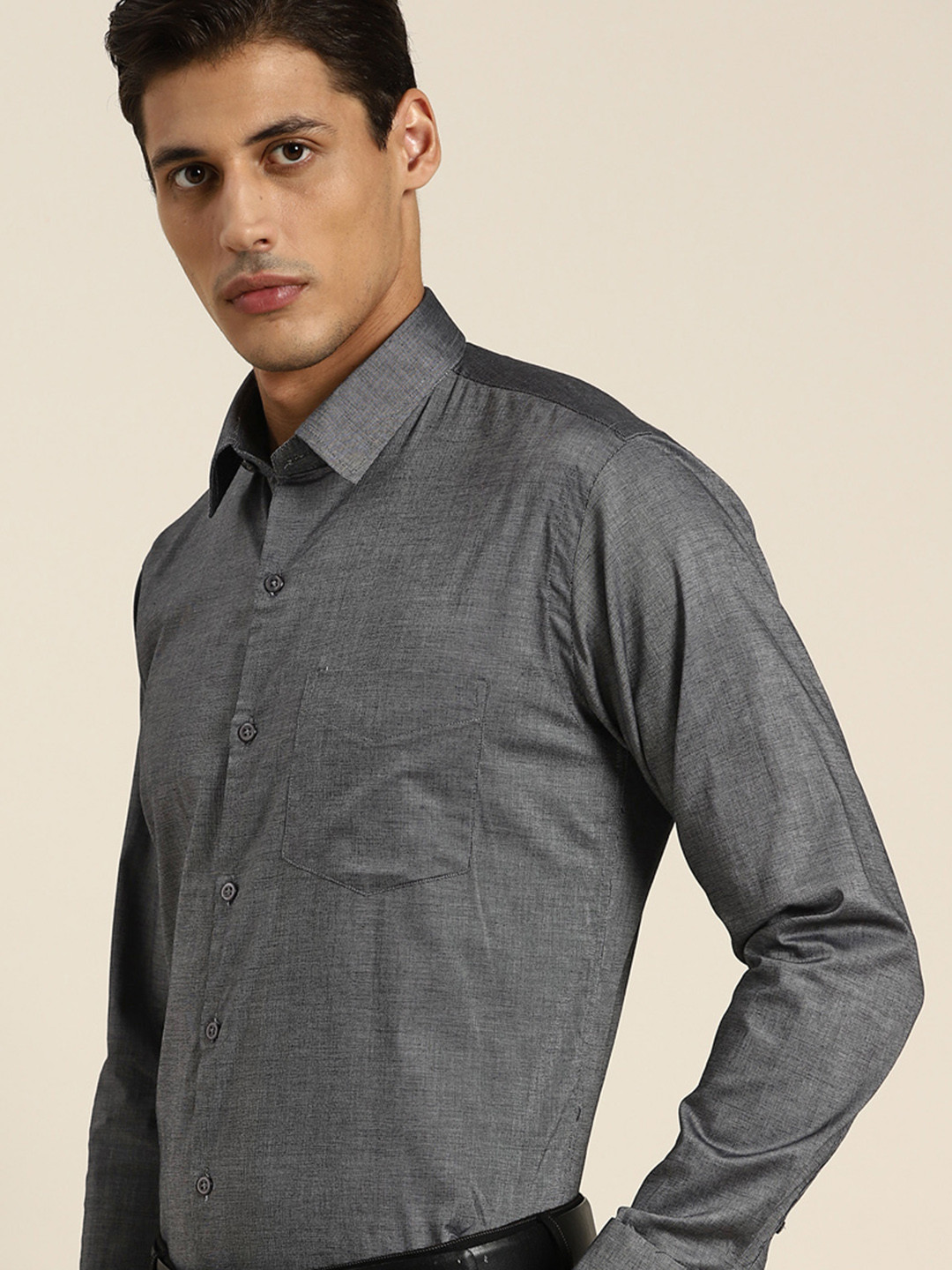 

Hancock Men Grey Self Design Slim Fit Opaque French Cuff Formal Shirt