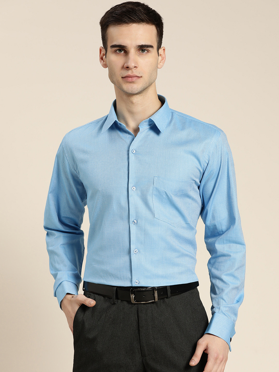

Hancock Men Blue Pure Cotton Textured Slim Fit French Cuff Formal Shirt