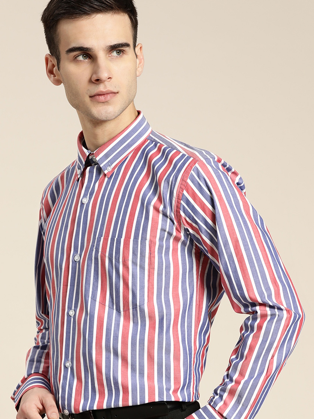 

Hancock Men Blue & Red Pure Cotton Slim Fit Striped Formal Shirt