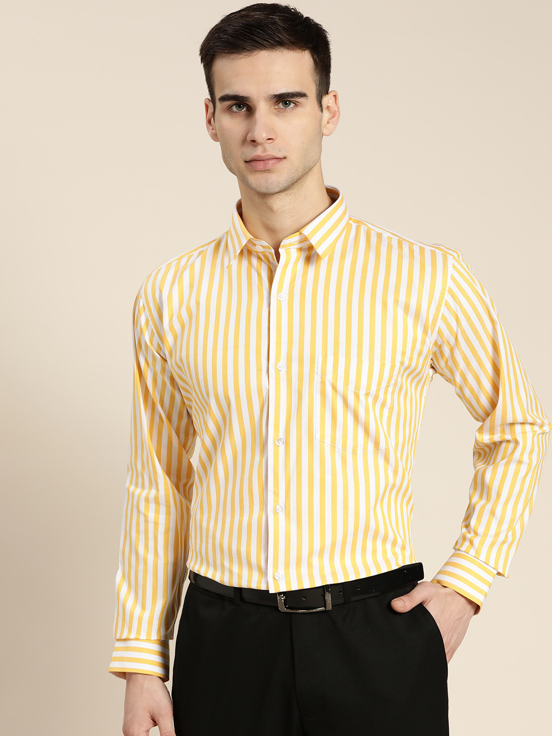 

Hancock Men Yellow & White Pure Cotton Slim Fit Striped Formal Shirt