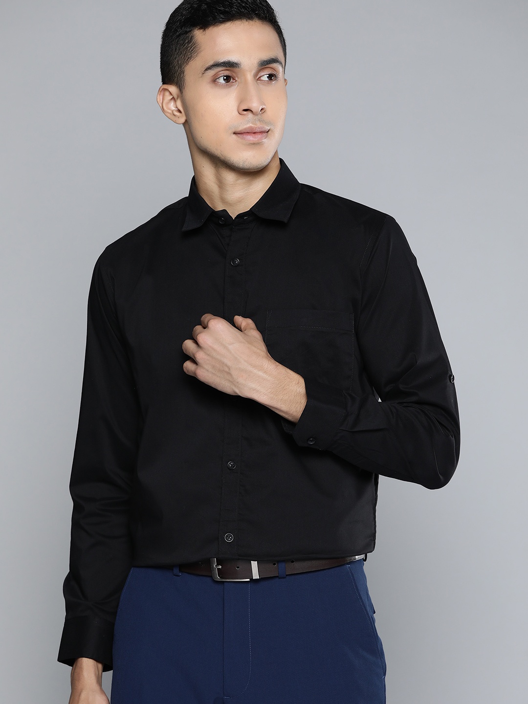 

DENNISON Men Black Solid Smart Slim Fit Stretchable Lycra Formal Shirt