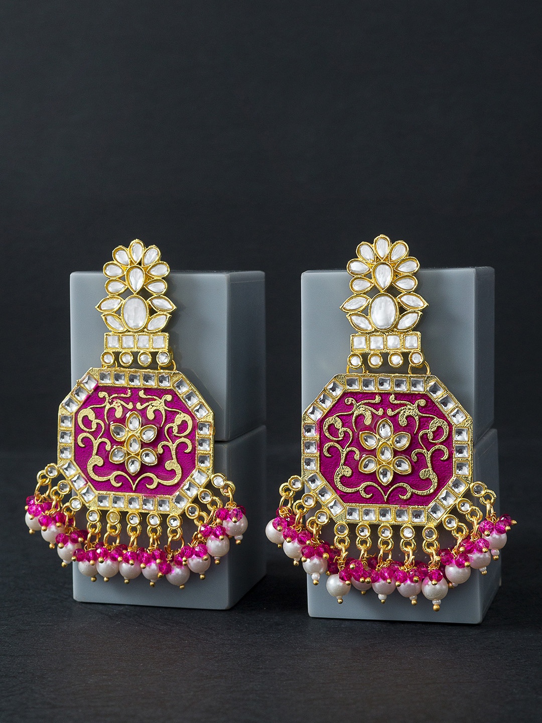 

Golden Peacock Pink & Gold-Toned Floral Drop Earrings