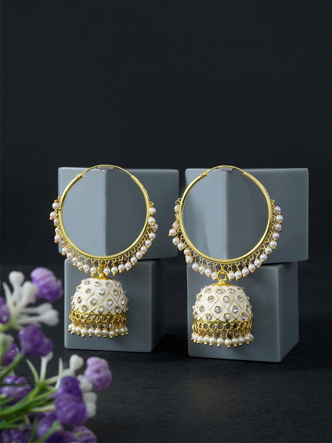 

Golden Peacock White & Gold-Toned Circular Jhumkas Earrings