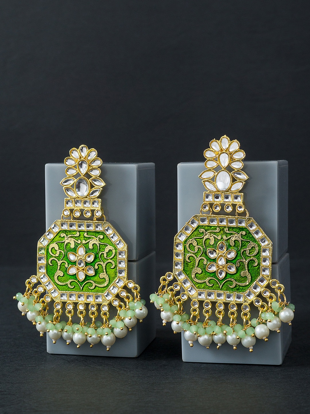 

Golden Peacock Green & Gold-Toned Floral Drop Earrings