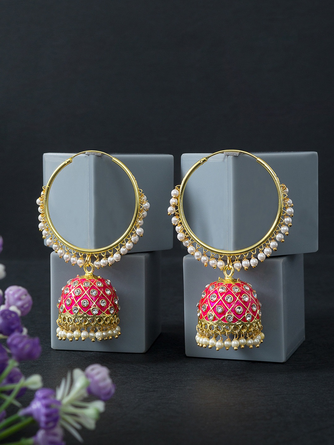

Golden Peacock Pink & Gold-Toned Circular Jhumkas Earrings