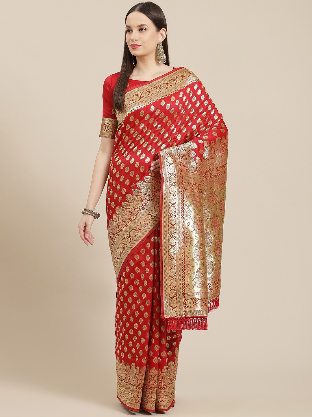 

Saree mall Red & Gold-Toned Ethnic Motifs Zari Silk Blend Banarasi Sarees