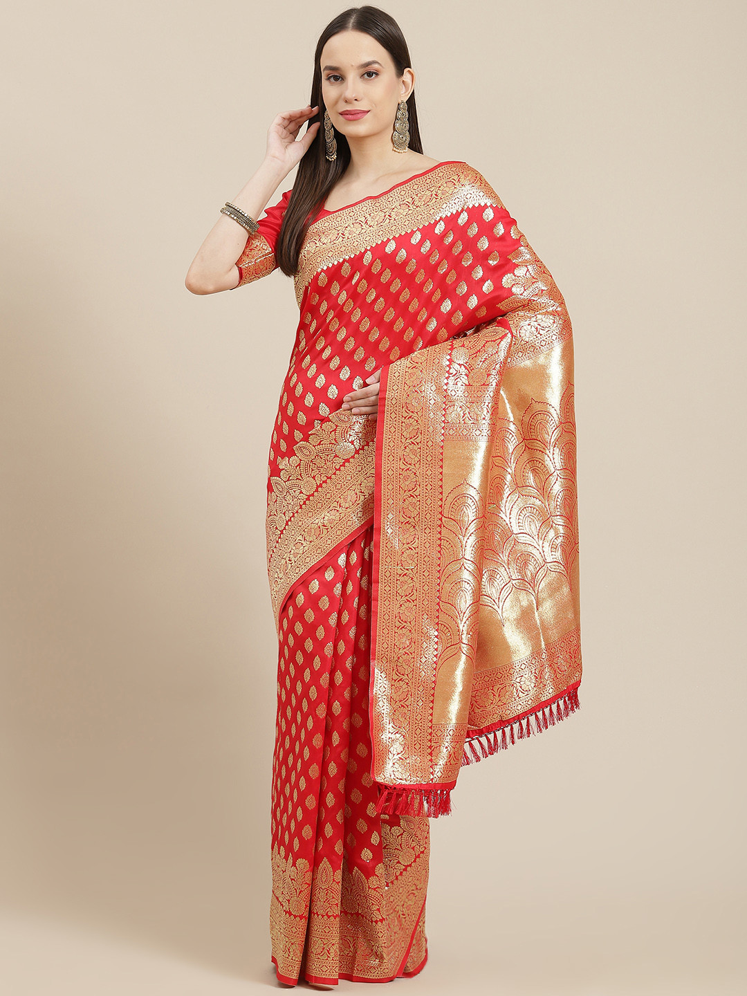 

Saree mall Red & Gold-Toned Ethnic Motifs Zari Silk Blend Banarasi Sarees