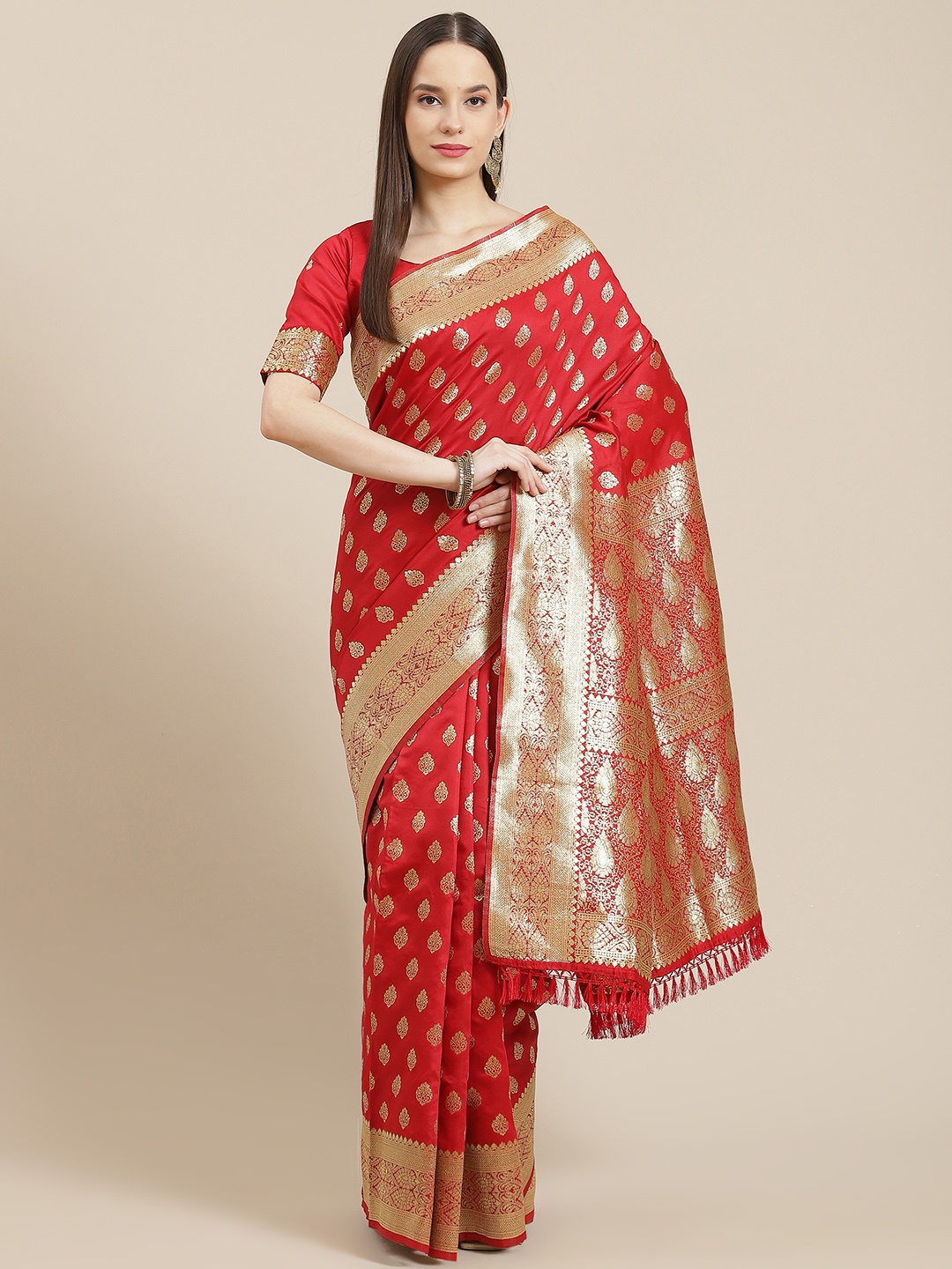 

Saree mall Red & Gold-Toned Ethnic Motifs Zari Silk Blend Banarasi Sarees