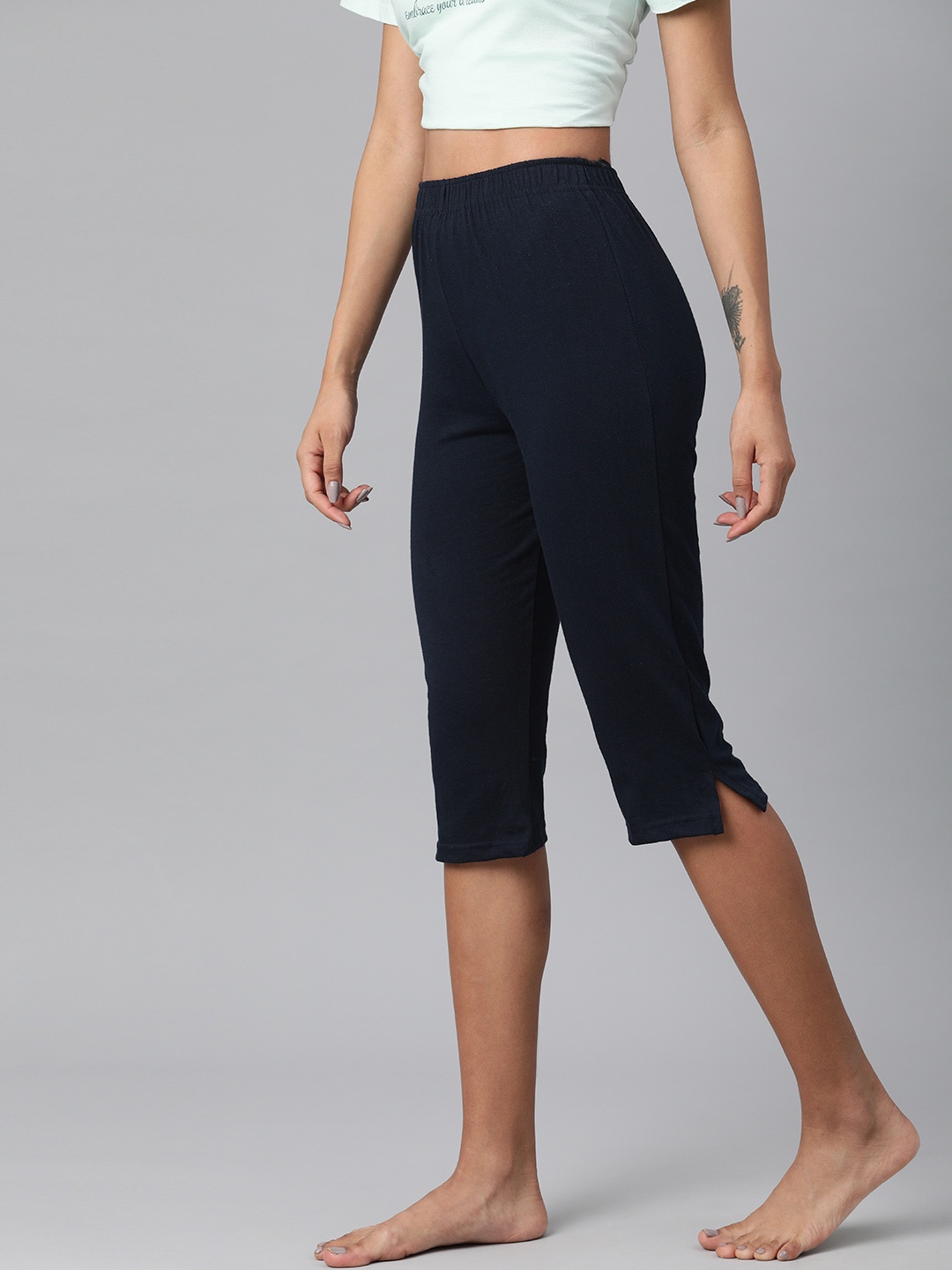 

NOT YET by us Women Navy Blue Cotton Relaxed Fit Lounge Capris with Side Slits