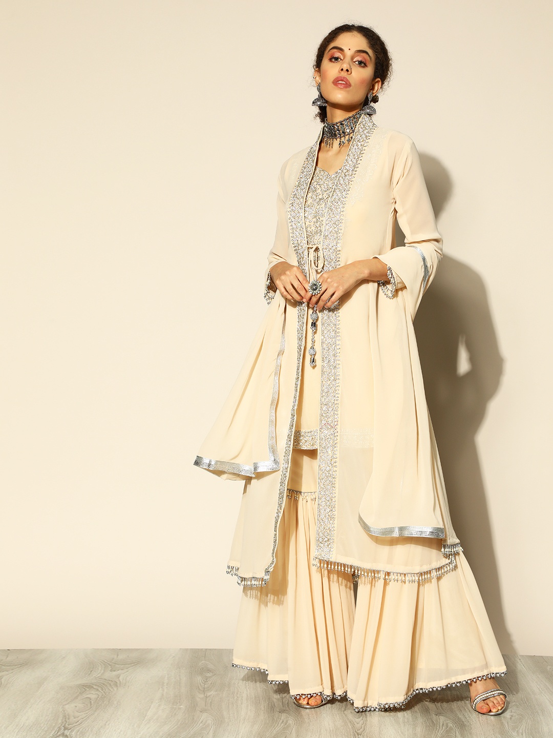 

Chhabra 555 Solid Poly Chiffon Kurta Set, Cream