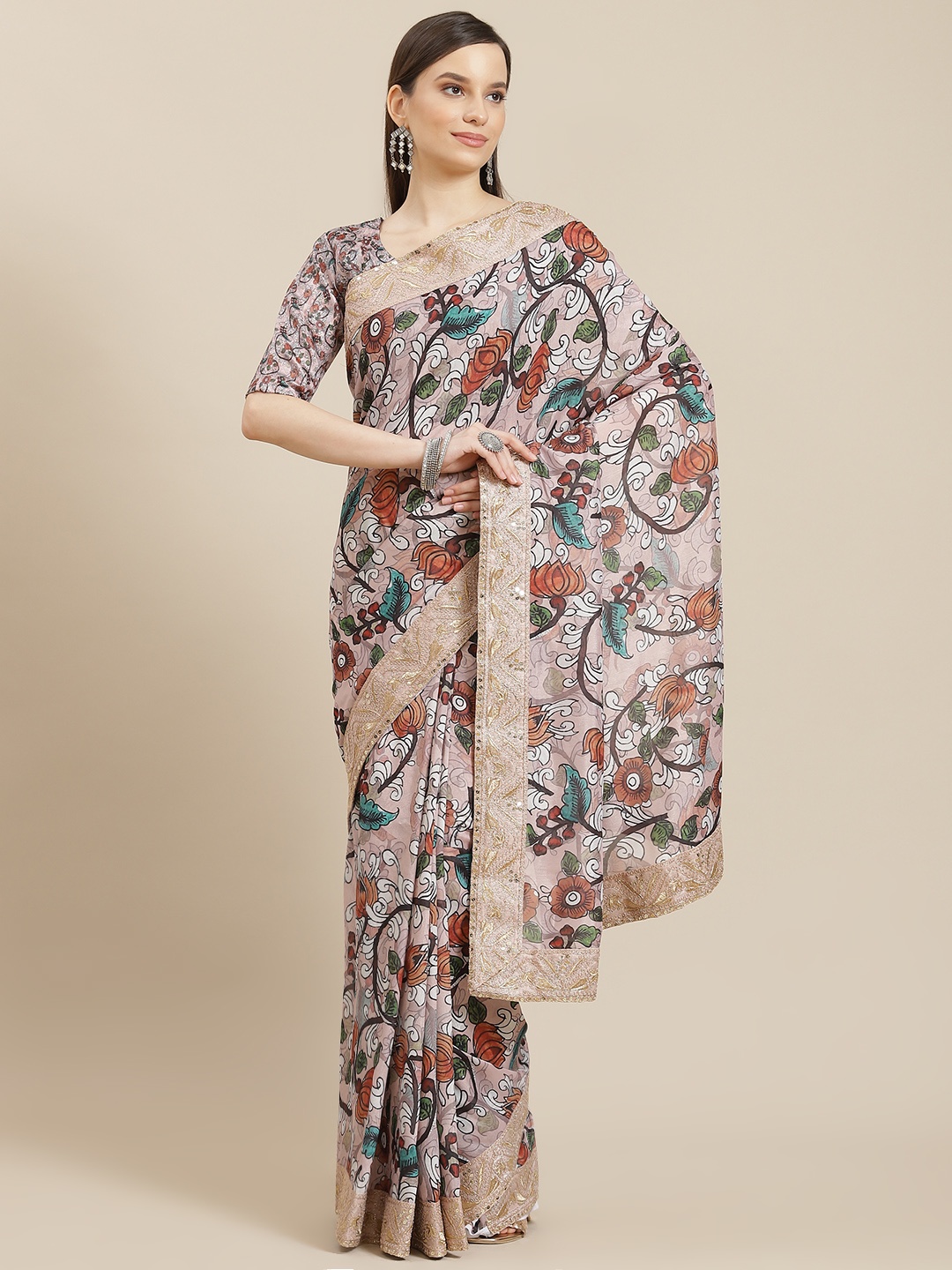 

Saree mall Peach-Coloured & Blue Floral Gotta Patti Sarees