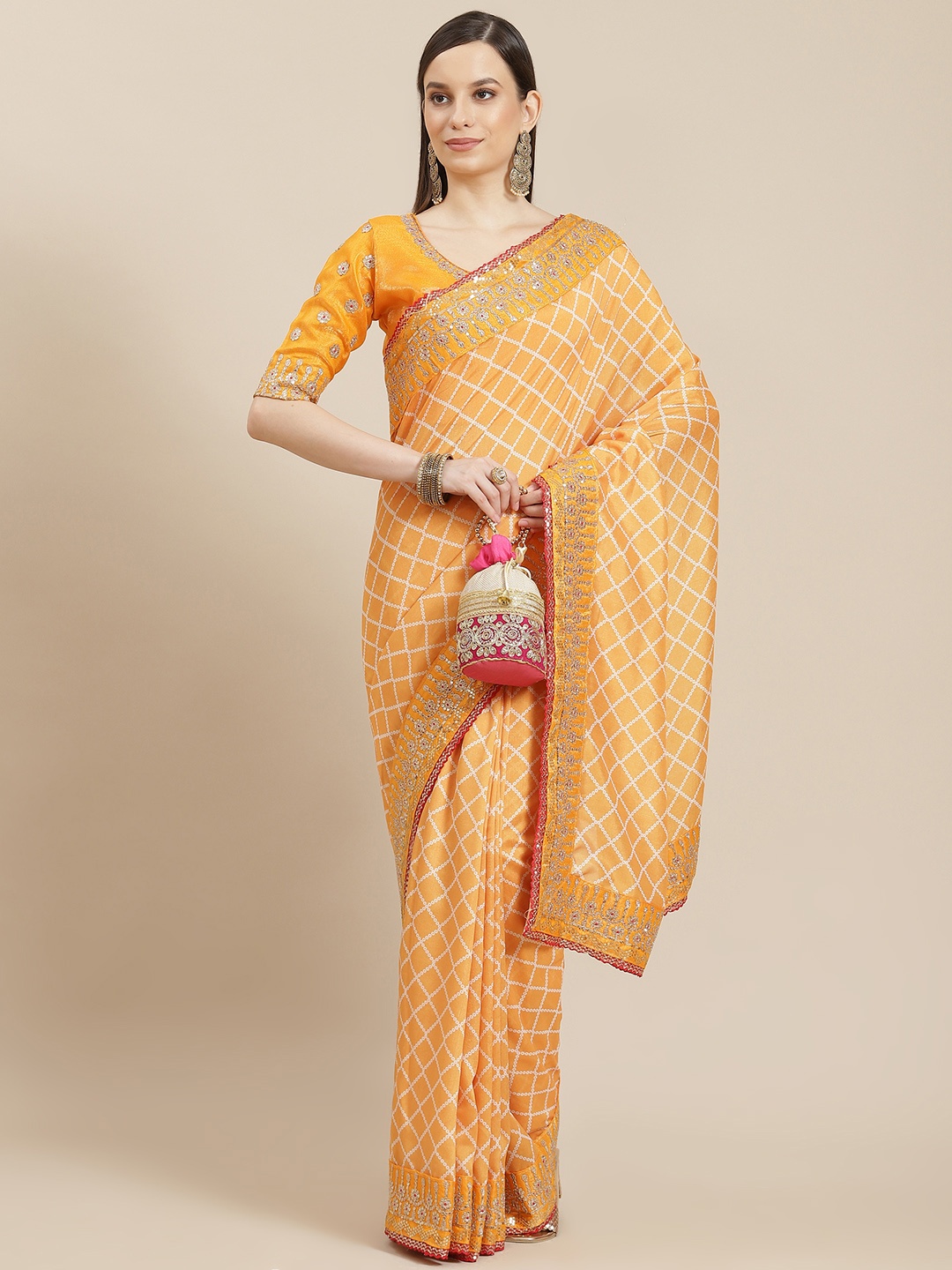 

Saree mall Mustard & White Bandhani Gotta Patti Bandhani Sarees