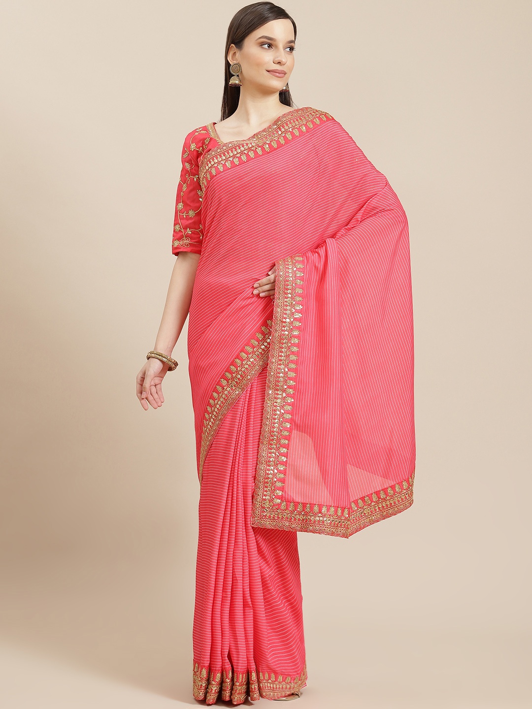 

Saree mall Pink Striped Embroidered Sarees