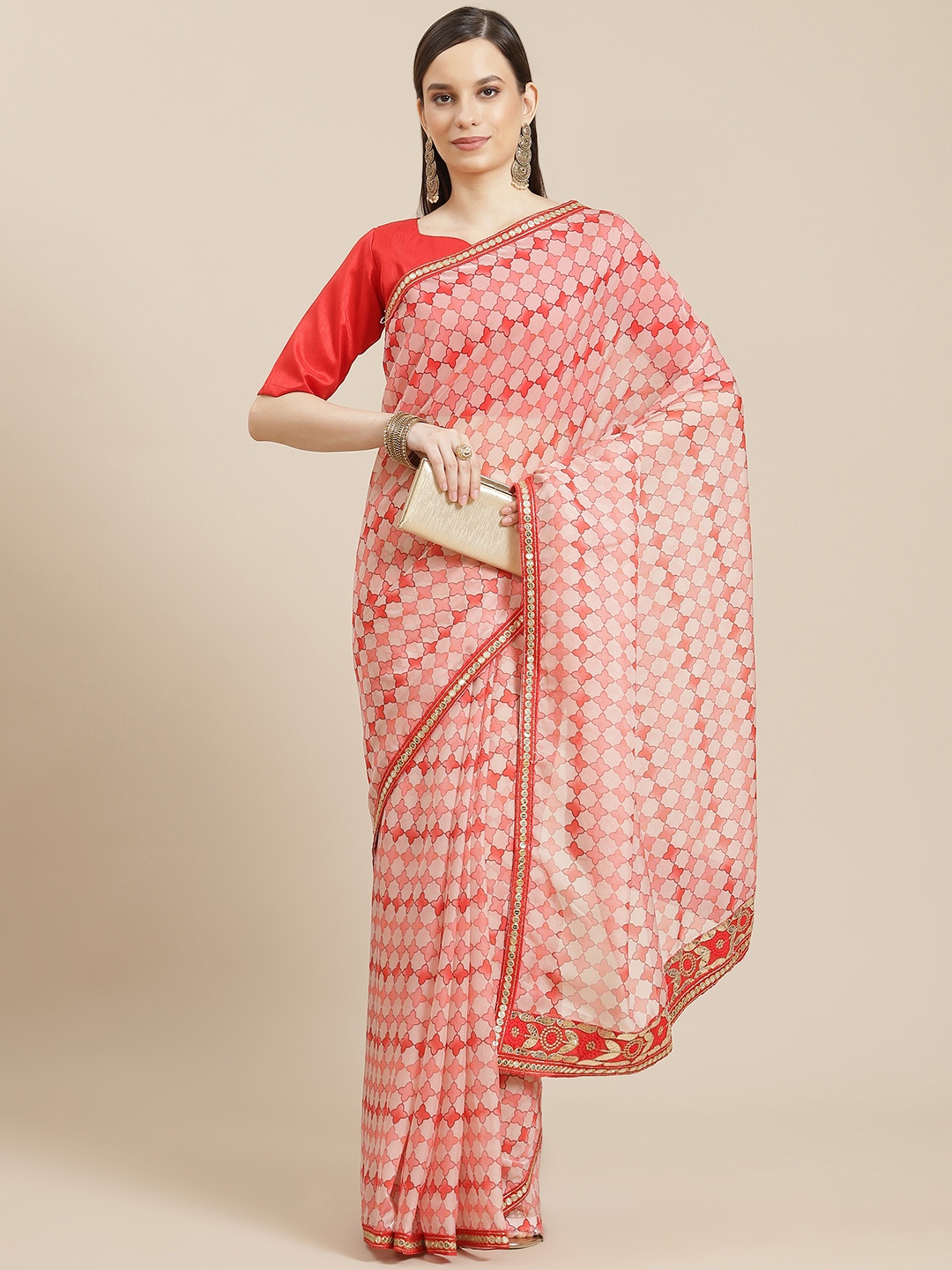 

Saree mall Beige & Red Gotta Patti Organza Sarees