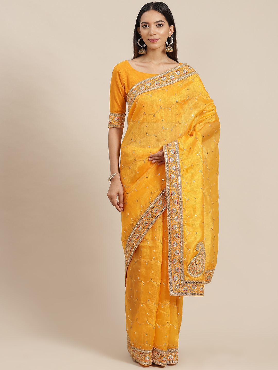 

Saree mall Yellow Sequinned Organza Sarees