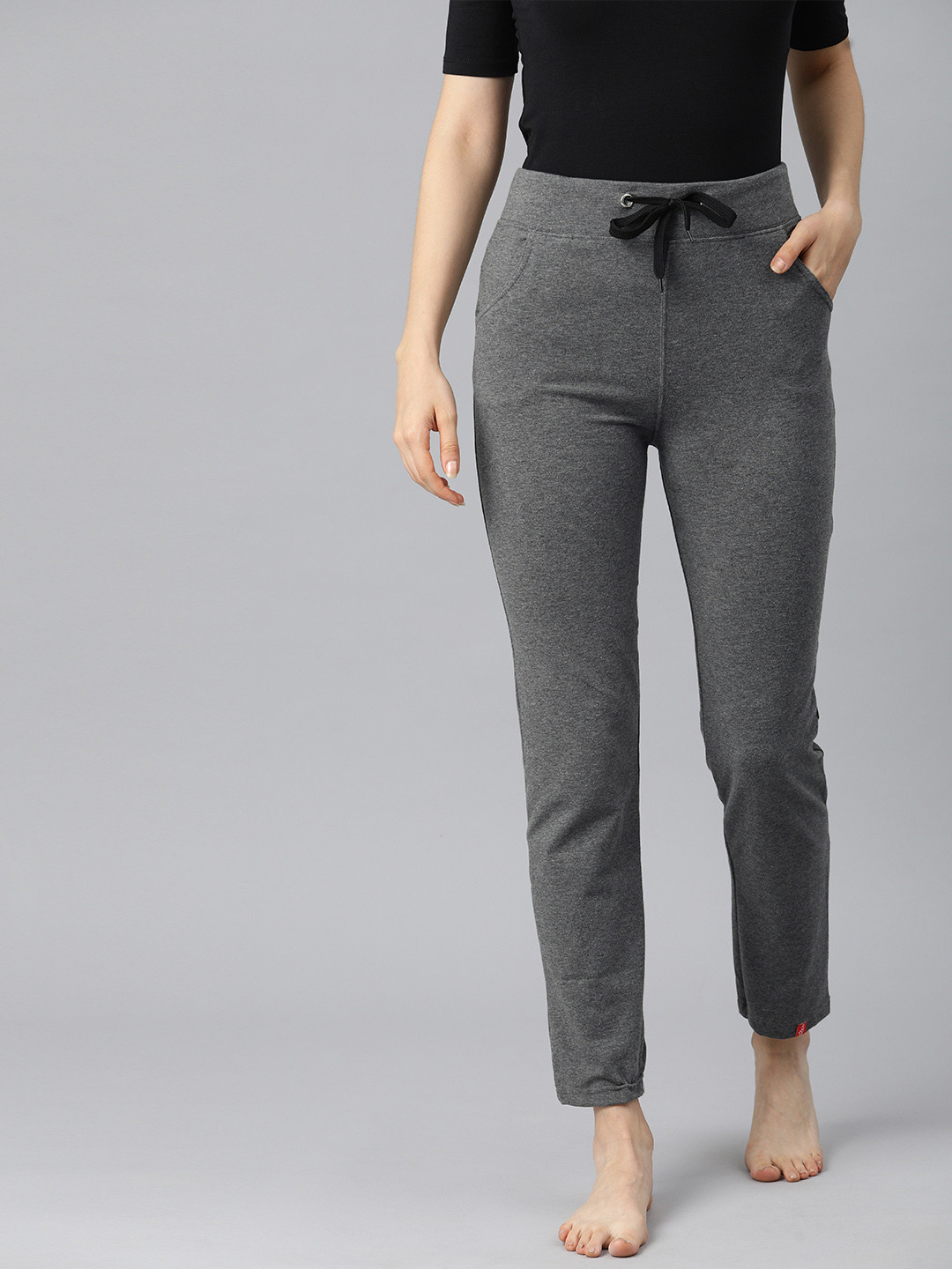 

NOT YET by us Women Grey Solid Cotton Stretchable Lounge Pants, Grey melange
