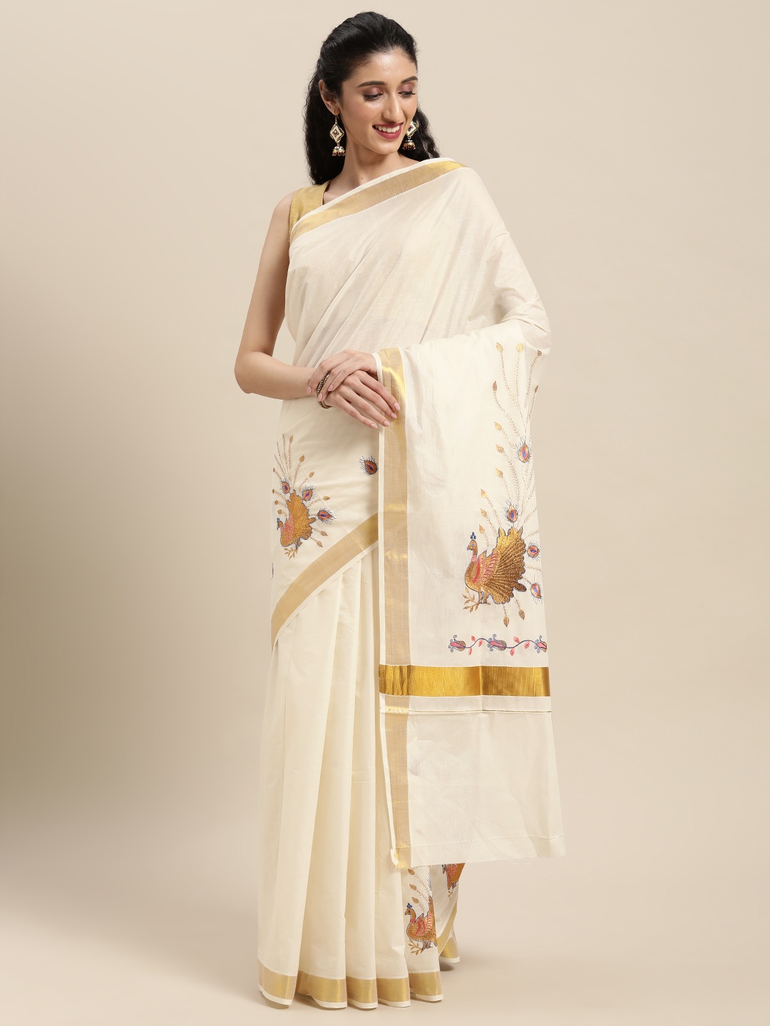 

Thara Sarees Off White Ethnic Motifs Pure Cotton Kasavu Saree