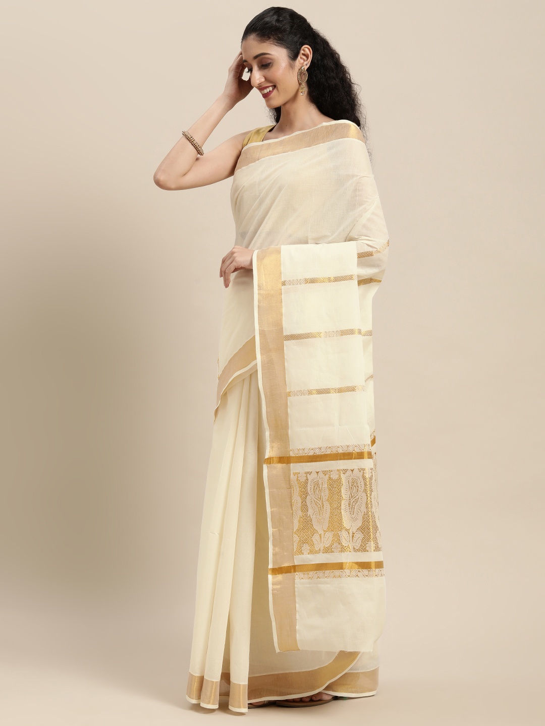 

Thara Sarees Off White & Gold-Toned Woven Design Zari Pure Cotton Kasavu Saree