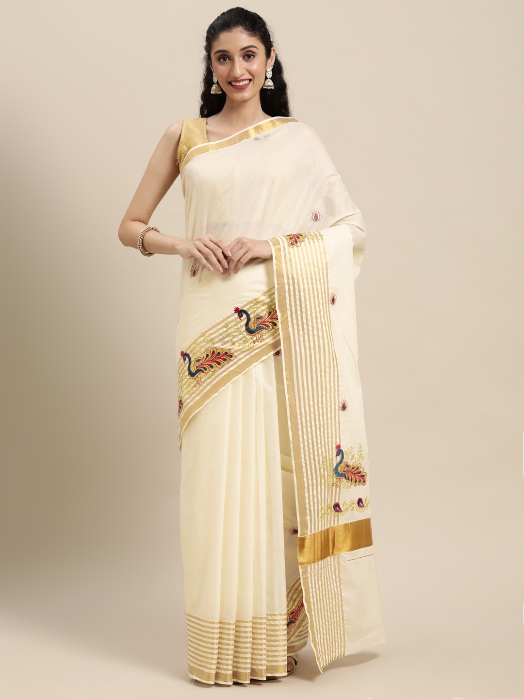 

Thara Sarees Off White Woven Design Embroidered Pure Cotton Kasavu Saree