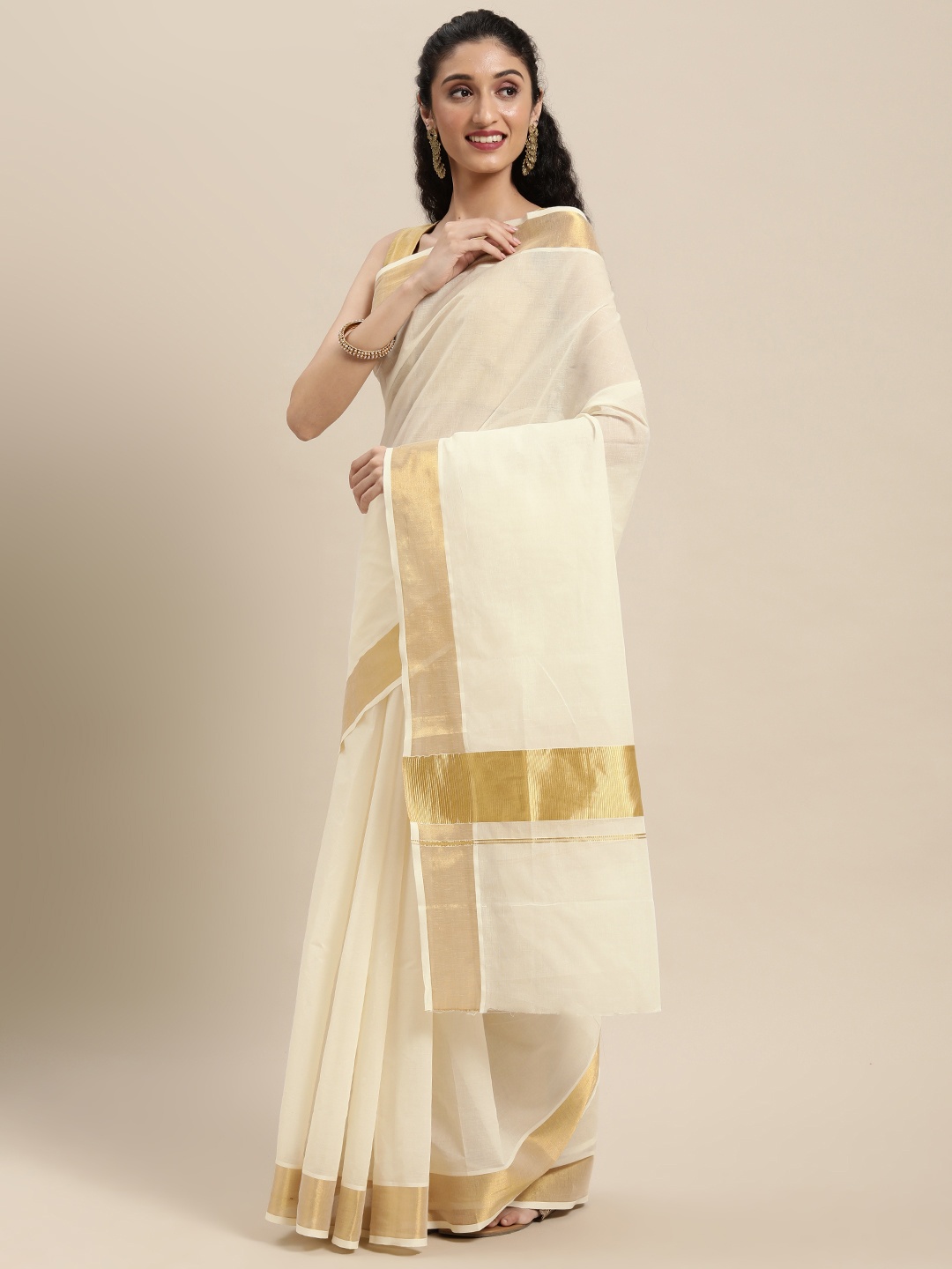 

Thara Sarees Off White & Gold-Toned Woven Design Zari Pure Cotton Kasavu Saree