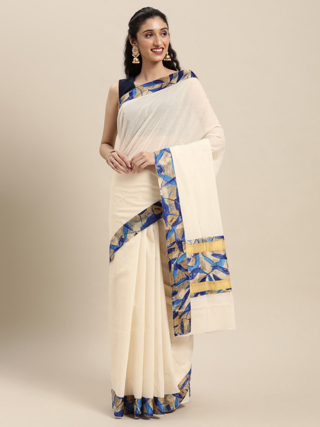 

Thara Sarees Off White & Blue Zari Pure Cotton Kasavu Saree