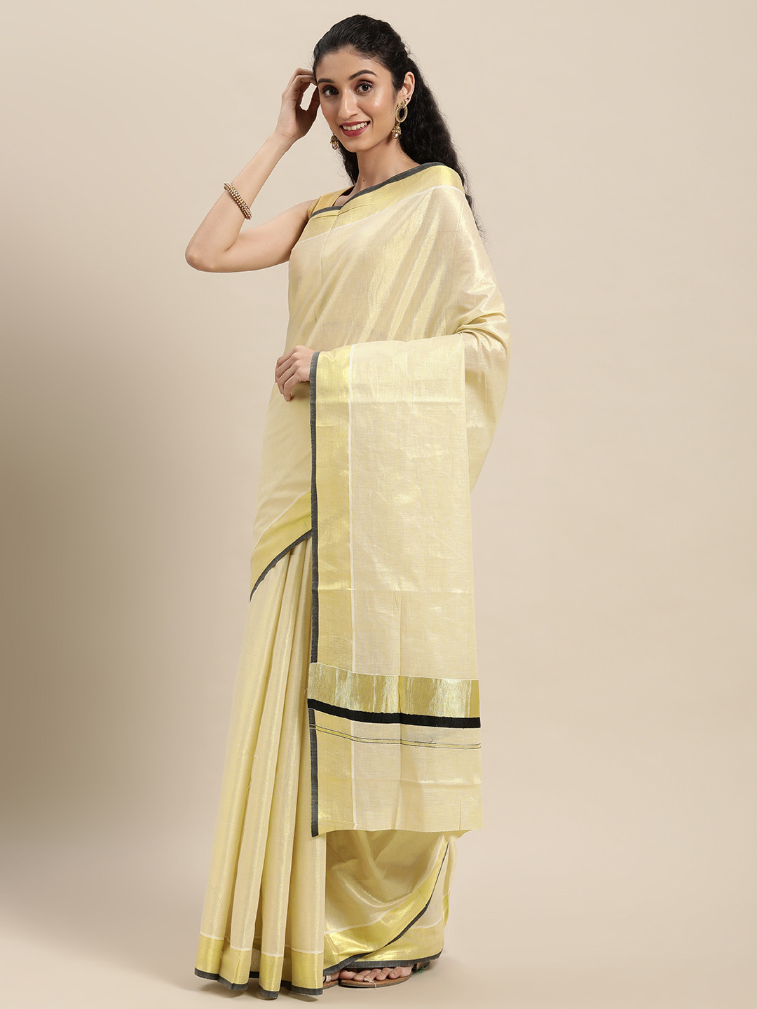 

Thara Sarees Gold-Toned Woven Design Zari Pure Cotton Kasavu Saree