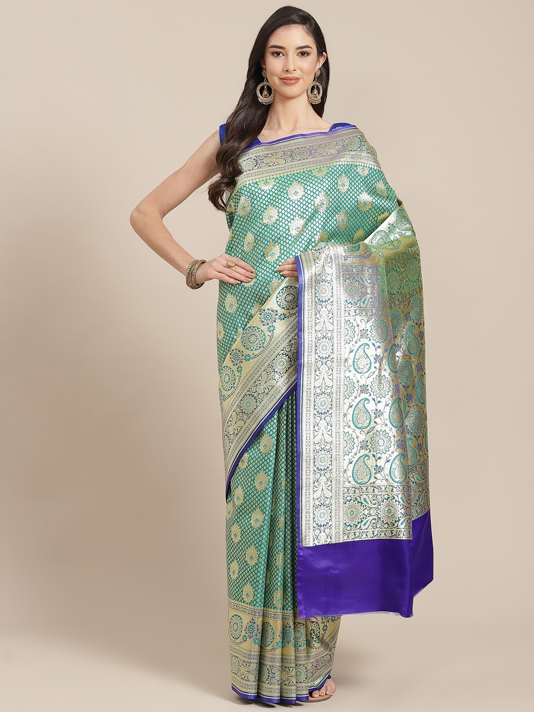 

Chhabra 555 Green & Gold Ethnic Motifs Zari Silk Blend Kanjeevaram Saree