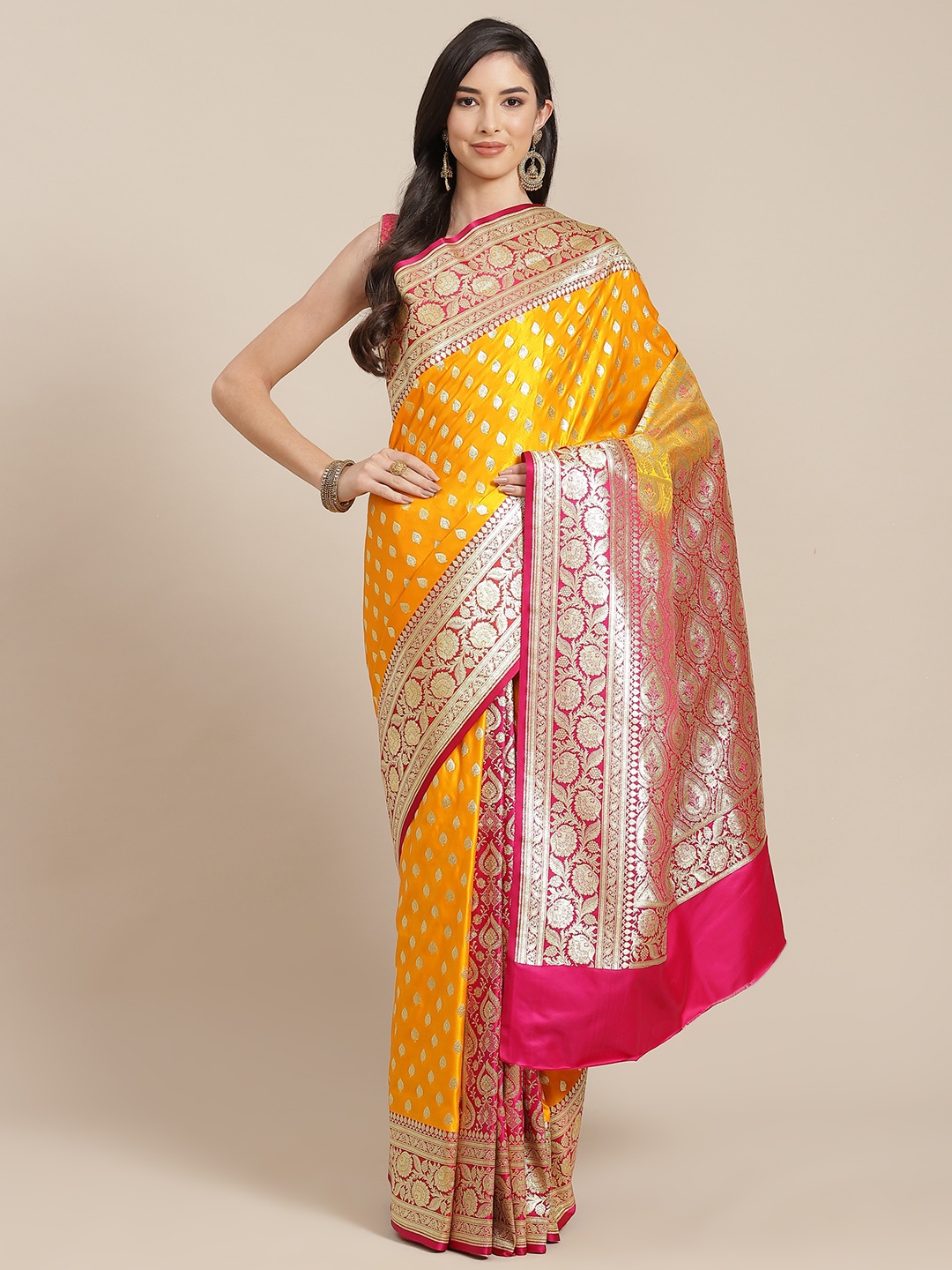 

Chhabra 555 Yellow & Gold Ethnic Motifs Zari Silk Blend Banarasi Saree