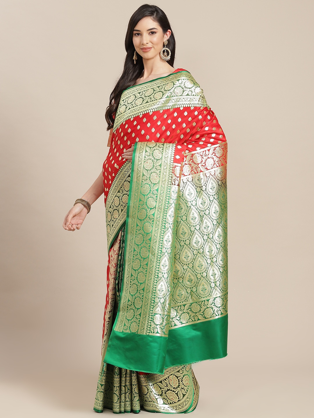 

Chhabra 555 Red & Green Ethnic Motifs Zari Silk Blend Banarasi Saree