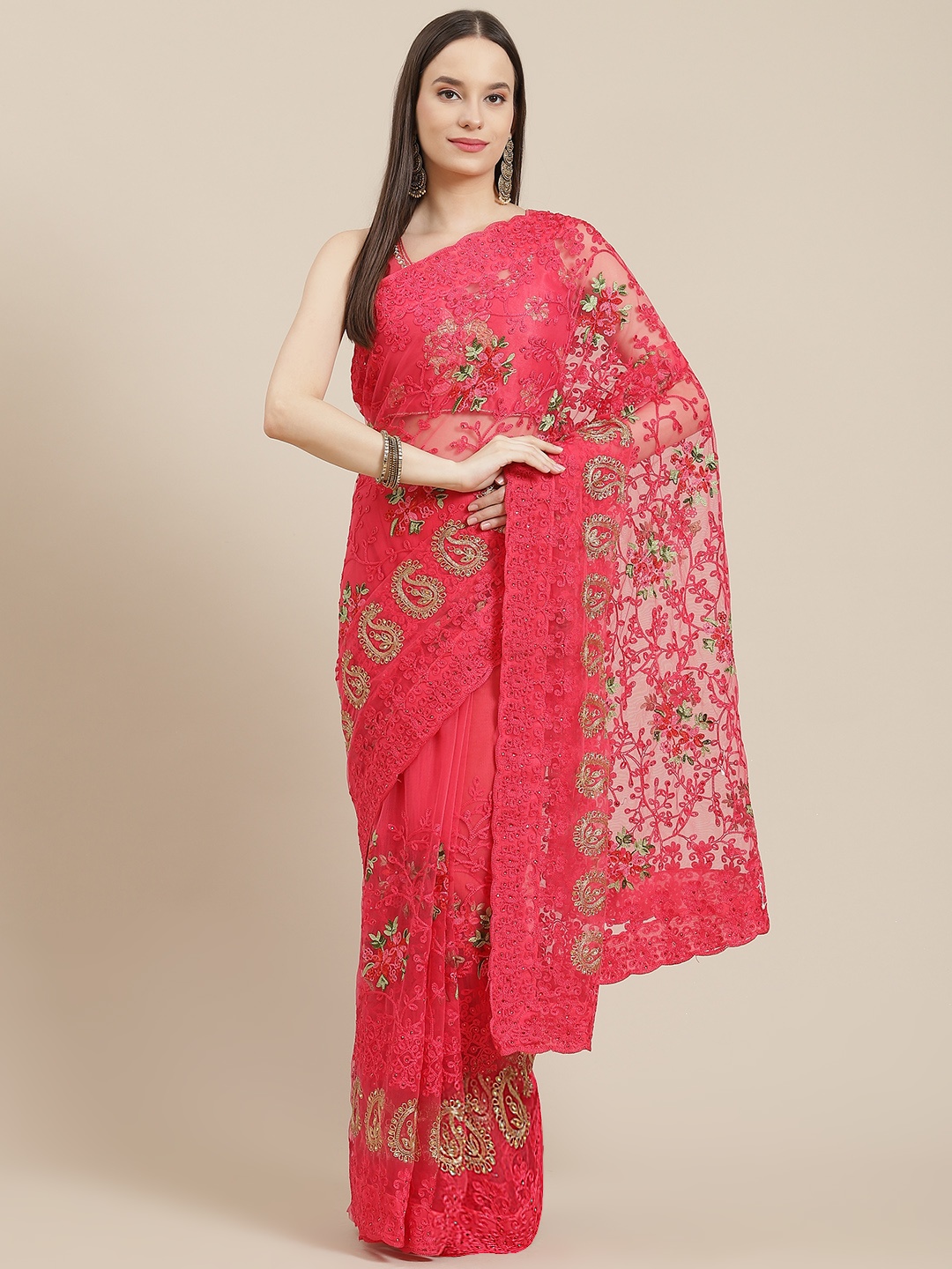 

Chhabra 555 Coral & Gold-Toned Embellished Embroidered Net Saree