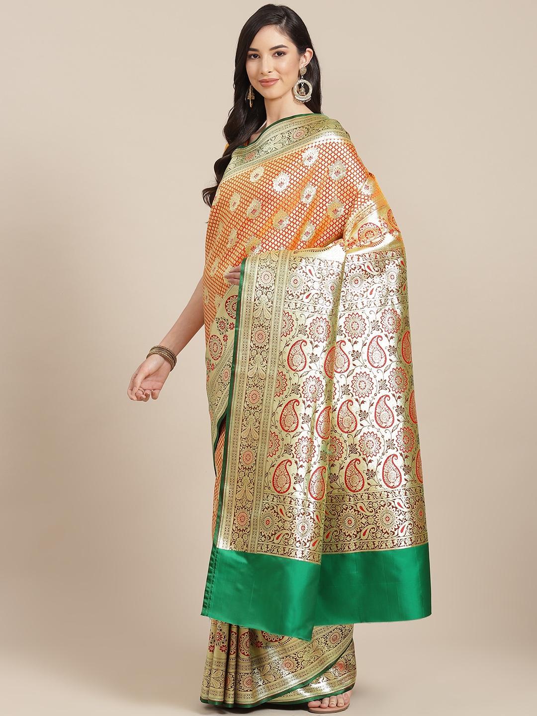 

Chhabra 555 Orange & Gold Ethnic Motifs Zari Silk Blend Kanjeevaram Saree