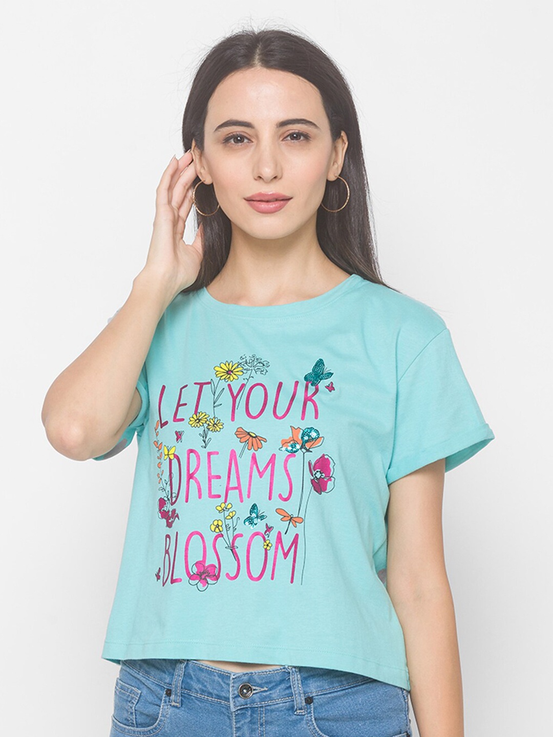 Globus Women Blue & Orange Typography Printed Cotton T-shirt