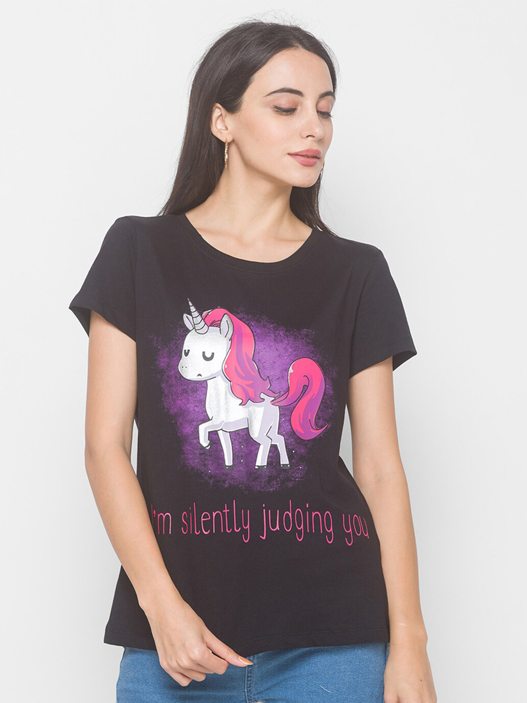 

Globus Women Black White Printed Pure Cotton T-shirt