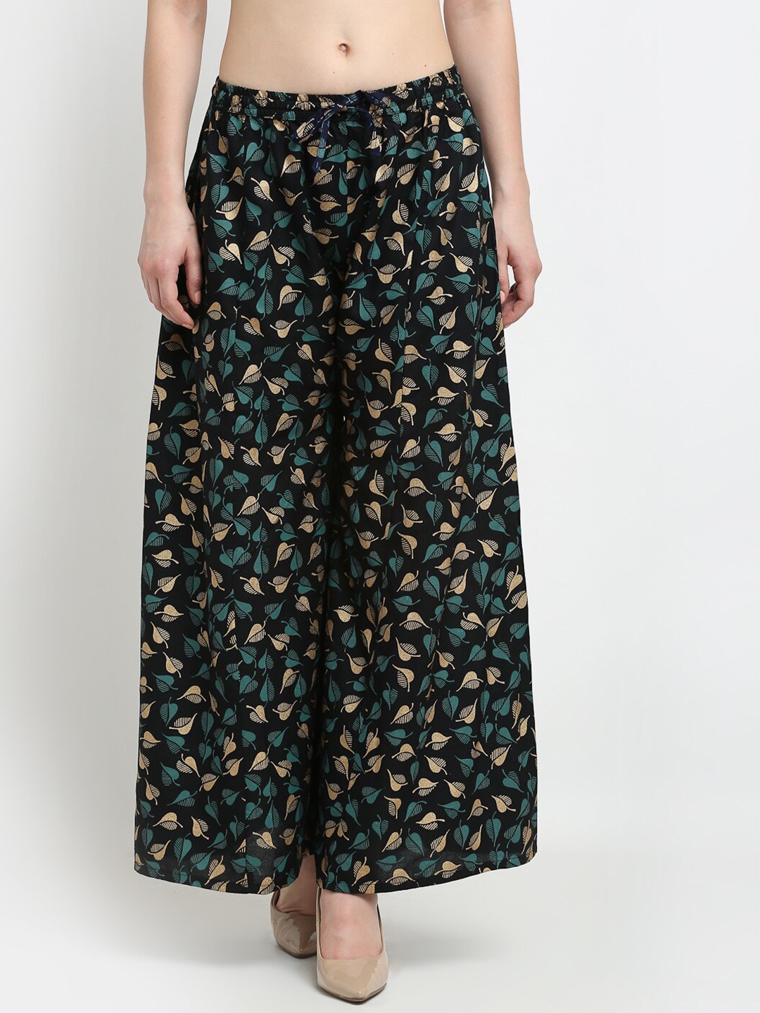 

GRACIT Women Black & Blue Floral Printed Knitted Wide Leg Palazzos