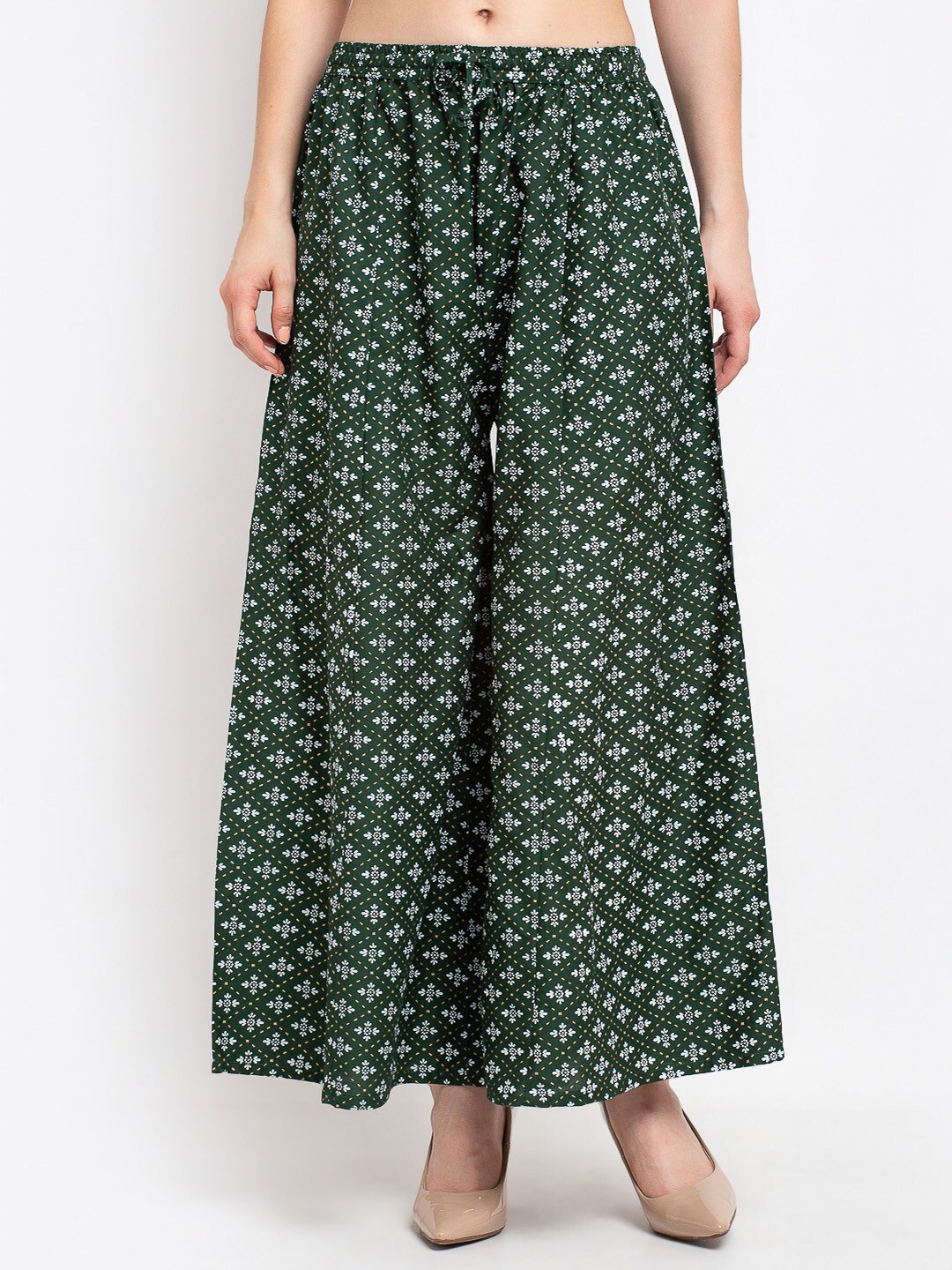 

GRACIT Women Green & White Floral Printed Flared Knitted Palazzos