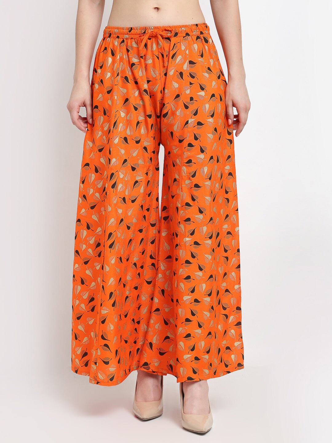 

GRACIT Women Orange & Black Printed Flared Knitted Ethnic Palazzos