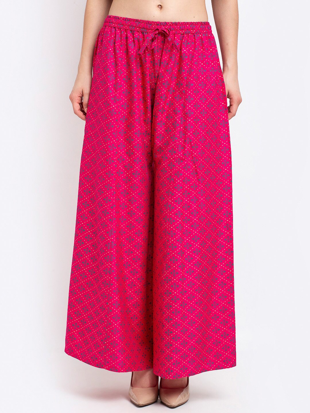 

GRACIT Women Pink & Blue Floral Printed Flared Knitted Ethnic Palazzos