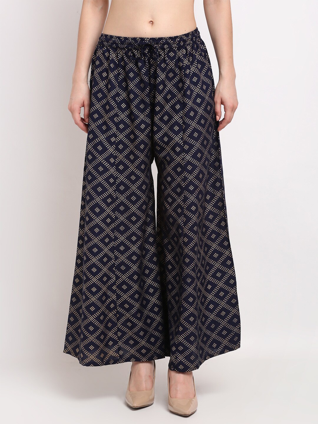 

GRACIT Women Navy Blue & Gold-Toned Printed Flared Knitted Palazzos