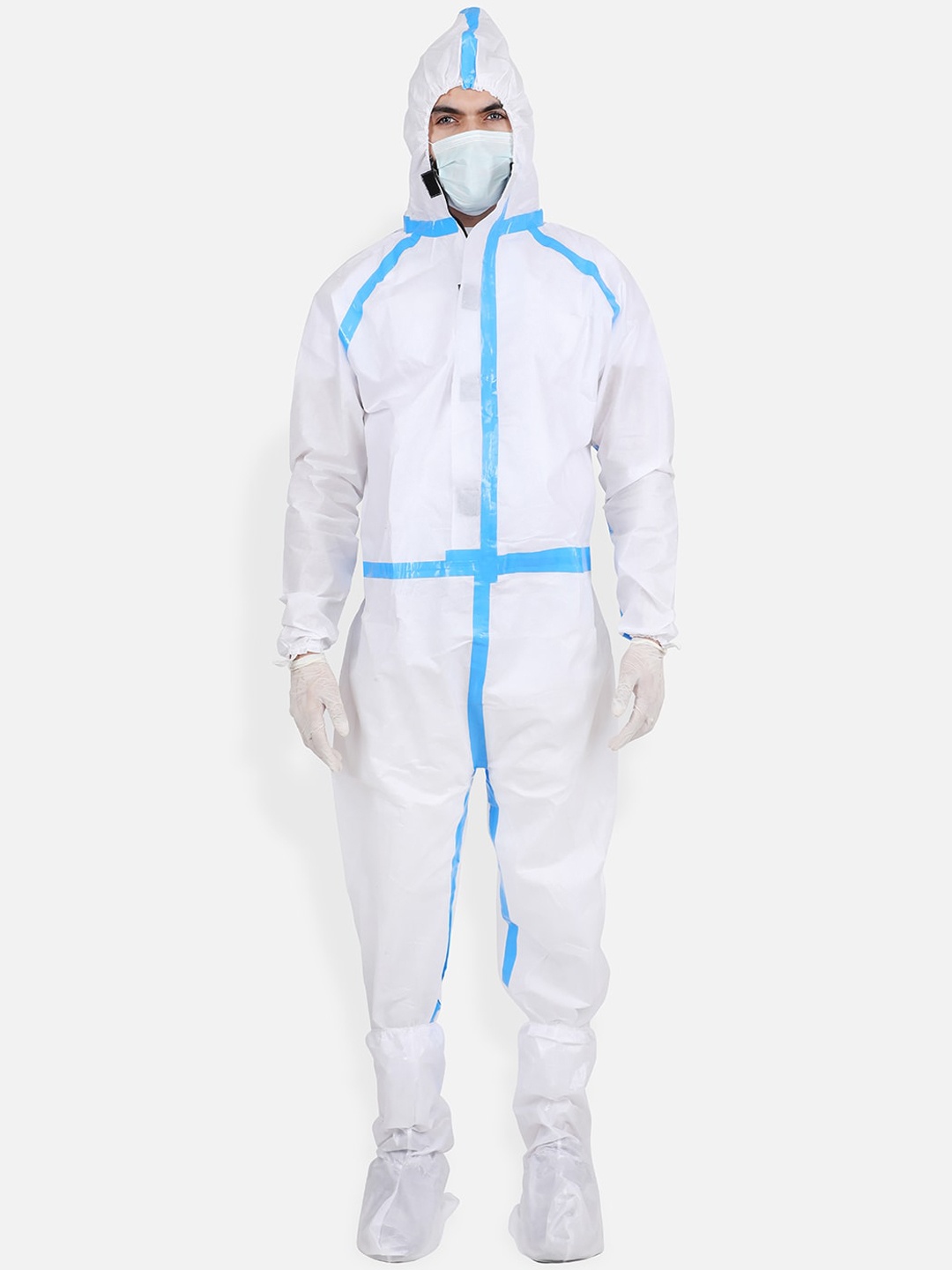 

ROMEE Unisex White & Blue Protective Hooded Coverall Suit