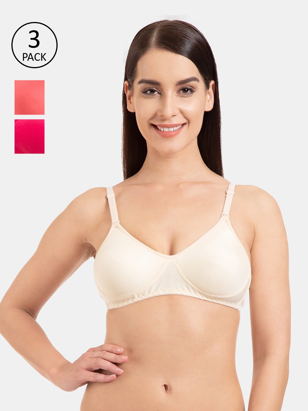 

KOMLI Pack Of 3 Beige & Coral Solid T-Shirt Bras - Non-Wired Non-Padded