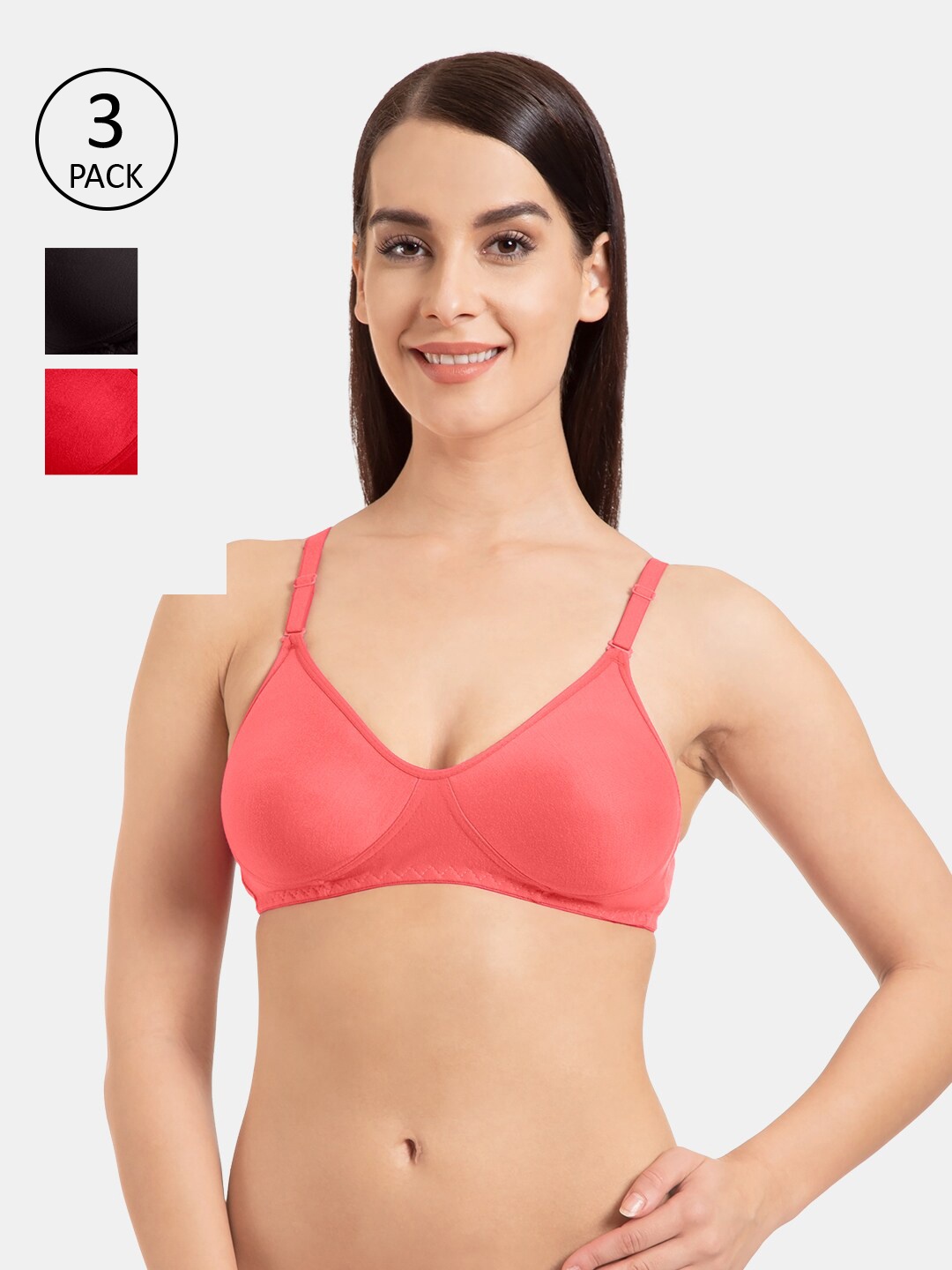 

KOMLI Pack of 3 Solid Non Wired Full Covered T-shirt Bra K-9103-3PC-CRL-DPK-BLK, Coral