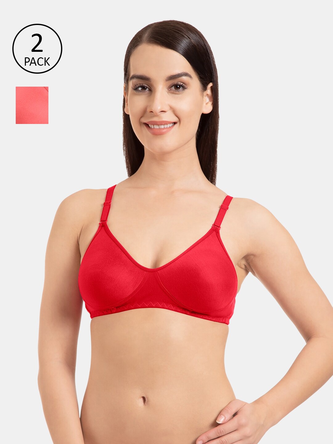 

KOMLI Pack Of 2 Red & Coral Solid T-Shirt Bras - Non-Wired Non-Padded