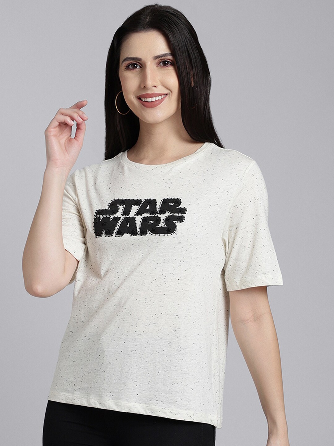 

Free Authority Women White Black Typography Star Wars Printed Pure Cotton T-shirt