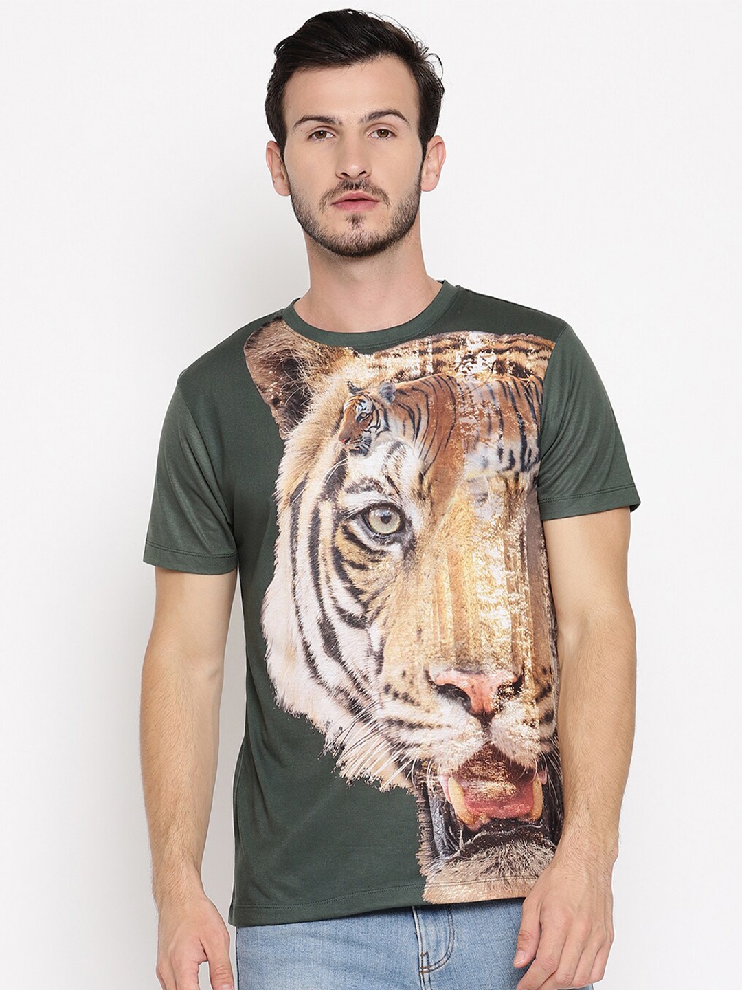 

Wolfpack Men Olive Green & Brown Printed T-shirt